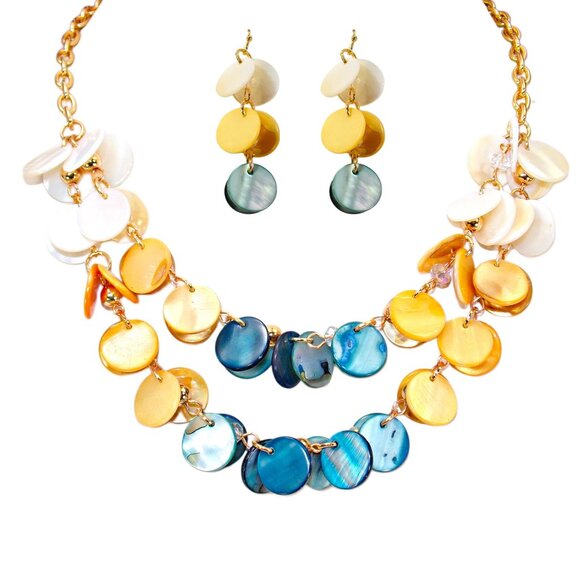 Multi color shell necklace and earring set in blue, beige, and white shell disk - Picture 6 of 12